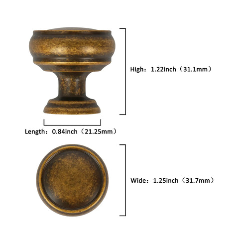 Side and top view of antique finish cabinet knob with measurements, not Matte Black Cabinet Knobs 10 Pack Zinc Alloy Furniture Hardware For Kitchen Cabinets Dressers And Drawers Single Hole Pulls Dope Upgrade For Your Home.