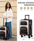 Woman standing next to black and white carry-on suitcase fitting overhead bins 22x14x9 inches with TSA lock and 3 pouches