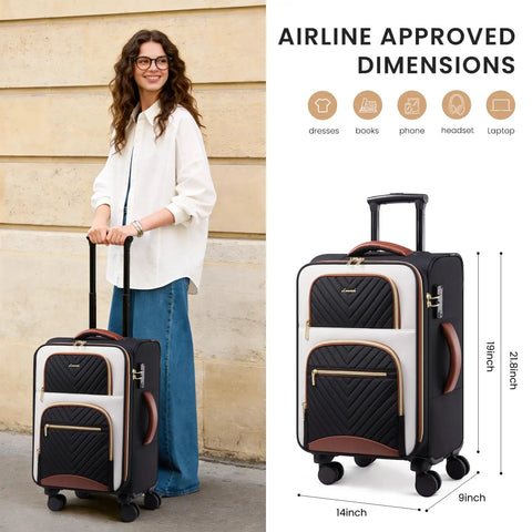 Woman standing next to black and white carry-on suitcase fitting overhead bins 22x14x9 inches with TSA lock and 3 pouches