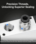 Close-up of All-In-One Two-Station Solenoid Valve Manifold For Pneumatic Systems, precision threads for superior sealing, Model 3V210-08
