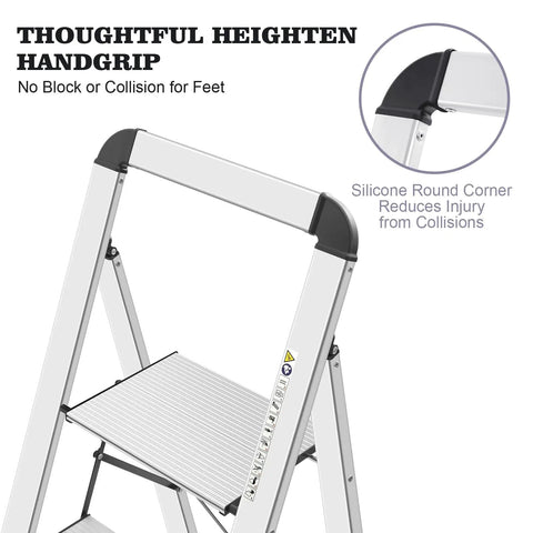 Lightweight Aluminum 4 Step Ladder With Non Slip Pedals And Built In Handrail Foldable Space Saving Step Stool For Kitchen Garage And Home Durable Portable Rust Proof Design For Safer Reaches, handgrip detail