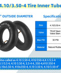 Two Pack 4.10/3.50-4 Inner Tubes With TR-87 Bent Valve Stem for wheelbarrows and lawn mowers, specifications table shown