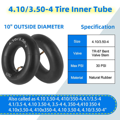 Two Pack 4.10/3.50-4 Inner Tubes With TR-87 Bent Valve Stem for wheelbarrows and lawn mowers, specifications table shown