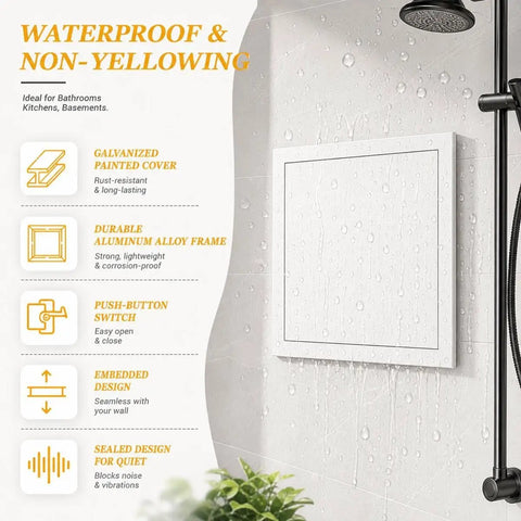 Rock Solid Aluminum Push To Open Access Panel For Drywall, Zero Sweat Magnetic Catch Flush Mount Ceiling Door For Plumbing And Electric, Easy Setup, Snap On Style, Matte Black Frame, 15X18 Inches in a bathroom, showing waterproof features.