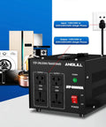 Beefy 1000 Watt Voltage Converter Transformer For 110V And 220V Devices with multiple outlet view and appliances in background