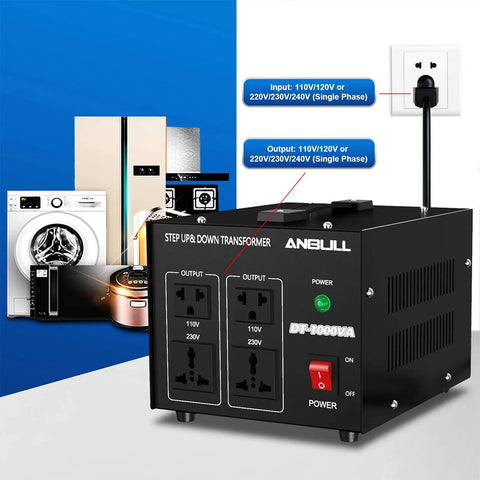 Beefy 1000 Watt Voltage Converter Transformer For 110V And 220V Devices with multiple outlet view and appliances in background