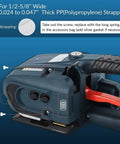 Automatic Hot Melt Electric Strapping Machine With Dual Power Batteries For Sealing Heavy Pp Pet Straps Up To 16Mm Wide showing adjustment features and PP strapping options.