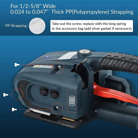 Automatic Hot Melt Electric Strapping Machine With Dual Power Batteries For Sealing Heavy Pp Pet Straps Up To 16Mm Wide showing adjustment features and PP strapping options.