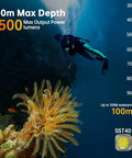Diver exploring coral reef with V21 Ultra Bright 2500 Lumen Dive Light With IP68 Waterproof Rating Three Adjustable Beams