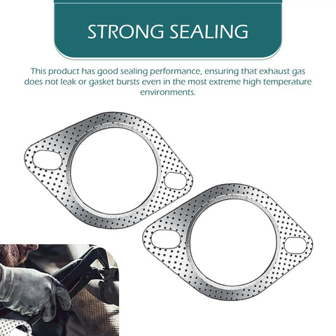 Kickin Tail 2Pack Exhaust Manifold Gaskets Forged From Ultra Tough Stainless Steel, 2.5 Inch 2 Bolt Oval Ring For Universal Fit, two gaskets showing strong sealing features.
