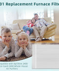 Family relaxing at home with visible 401 Replacement Furnace Filter compatible with AprilAire 2400 Space Gard 2400 Whole House Air Purifiers