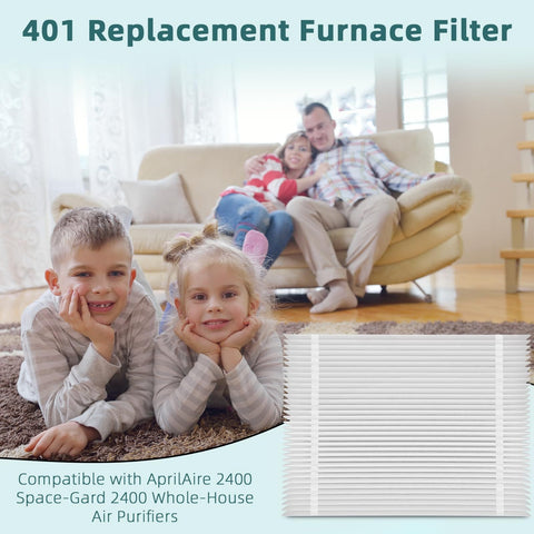 Family relaxing at home with visible 401 Replacement Furnace Filter compatible with AprilAire 2400 Space Gard 2400 Whole House Air Purifiers