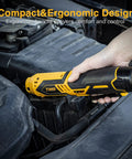 Hand using Cordless Electric Ratchet Wrench Set Workhorse For Auto Repair And Diy Projects Three Eighths Inch 40 Ft Lbs Torque 230 RPM 12V Power Tool Kit Two Ah Li Ion Batteries Seven Sockets Sixty Minute Fast Charge on car engine for repair