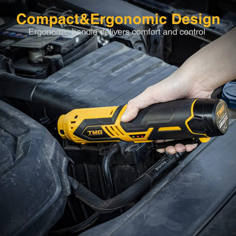 Hand using Cordless Electric Ratchet Wrench Set Workhorse For Auto Repair And Diy Projects Three Eighths Inch 40 Ft Lbs Torque 230 RPM 12V Power Tool Kit Two Ah Li Ion Batteries Seven Sockets Sixty Minute Fast Charge on car engine for repair