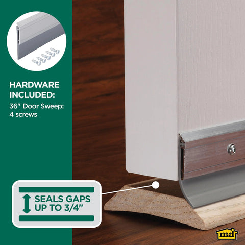 M-D Building Products 05389 all-season door sweep; aluminum and vinyl, 36 inch, silver with screws; MD logo visible.
