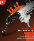 Close-up of dust boots on hydraulic power steering rack and pinion for Honda Pilot 2003-2008 LHD with inner tie rods.