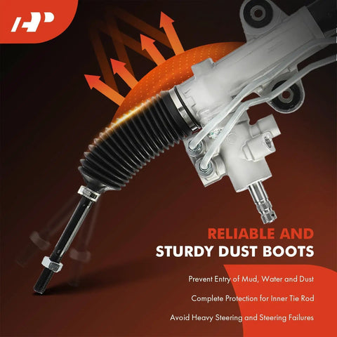 Close-up of dust boots on hydraulic power steering rack and pinion for Honda Pilot 2003-2008 LHD with inner tie rods.