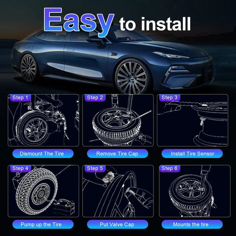 4 Pack TPMS Sensor MX Sensor 2 In 1 Dual Frequency 315MHz 433MHz Press In OE Level Programmable Tire Pressure Sensor With Rubber Valve Stem For TS508 TS408 TS608 MS906PRO TS, easy install steps
