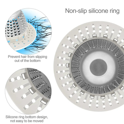 Universal Shower Drain Cover With Slim Hair Catcher And Raised Dome To Snag Strands Soap Chips And Sink Gunk While Keeping Water Flowing Smooth For Easy Rinse And No Sweat Drain Care On Standard Or Pop Up Drains Light Gray showing non-slip silicone ring design.