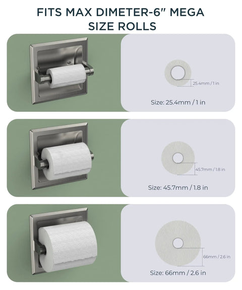 Recessed Toilet Paper Holder In Stainless Steel Built To Last Tissue Roll Holder Wall Mount For Bathroom Space Saving Design With Mounting Bracket Brushed Nickel Finish Modern Wall Dispenser, compatible with 1 to 2.6 inch core rolls.