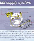 Diagram of a fuel supply system illustrating fuel pump and components for Yamaha outboards, with labels and flow direction.