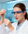 Scientist wearing Clear Anti Fog Safety Specs With Protective Goggles For Industrial Use 4 Pack Lightweight Durable Frame.