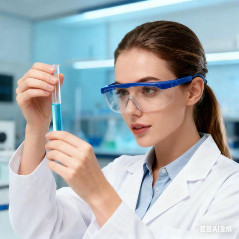 Scientist wearing Clear Anti Fog Safety Specs With Protective Goggles For Industrial Use 4 Pack Lightweight Durable Frame.