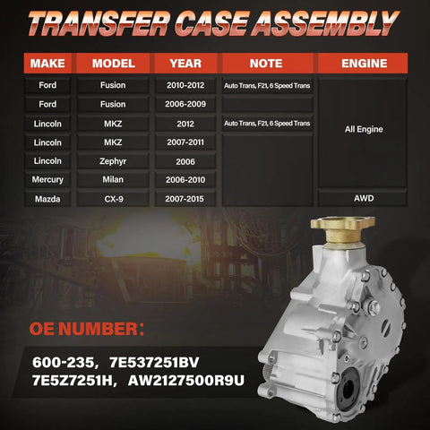 Power Take Off PTO Differential Transfer Case Assembly For Your Ride OEM Style Replacement That Fits Ford Fusion 2006 To 2012 Lincoln MKZ 2007 To 2012 Mercury Milan 2006 To 2010 Mazda CX 9 2007 To 2015 600 235 7E537251BV 7E5Z7251H, cast aluminum PTO transfer case