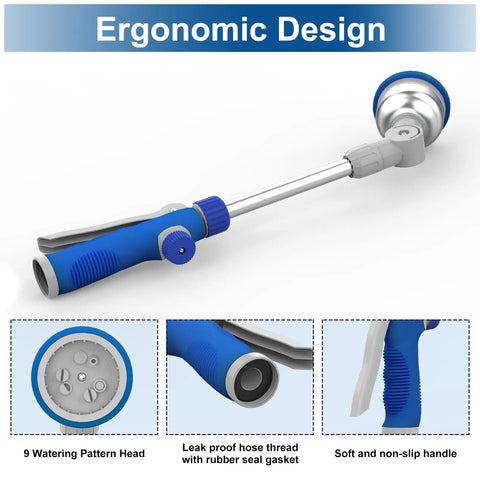 Blue and silver 16-Inch Aluminum Watering Wand With 180-Degree Rotating Head, 9 Spray Patterns And Adjustable Flow Control