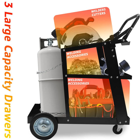 Heavy Duty Welding Cart For MIG TIG Welders And Plasma Cutters With 3 Tilt Table Layers, 360 Degree Rolling Trolley