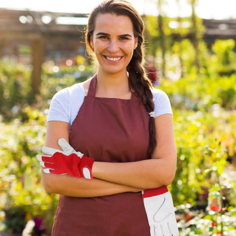 All Purpose Garden Pruning Gloves For Women And Men Breathable Red Work Gloves With Thorn Resistant Leather Durable Gardening Gear For Yard Maintenance And Plant Care on woman