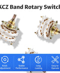 KCZ Rotary Band Switch 2P8T 2 Pole 8 Position Channel Selector with Dual Deck and Linear Knob, shown from side angle