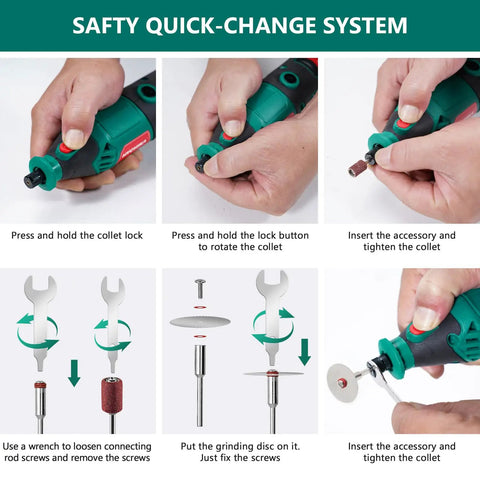 Do-It-All 180W Rotary Tool Kit With Flex Shaft, quick-change system instructions for accessory attachment, focus on user hands
