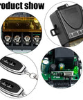 Four views of Long Range Wireless Remote Switch With 328 Ft Reach, 12V/24V/48V/72V 30A Relay, showing components and remote.