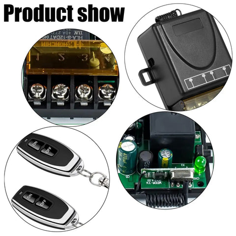 Four views of Long Range Wireless Remote Switch With 328 Ft Reach, 12V/24V/48V/72V 30A Relay, showing components and remote.