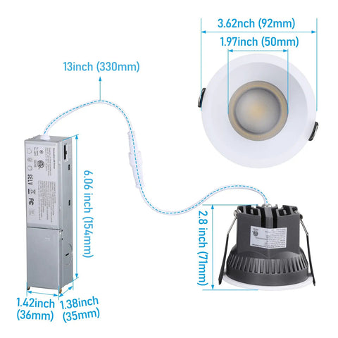 TORCHSTAR 2-Pack 4-Inch 5CCT LED Recessed Light with J-Box, Wet Location dimensions and details illustration.