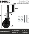 5 Inch Spring Loaded Gate Caster With Side Brake For Outdoor Wooden Gates And Fences, Heavy Duty Wheel With 360 Degree Swivel, Anti Sag Gate Kit, 220 Lb Capacity, Black, 1 Pack overview with measurements and contents.