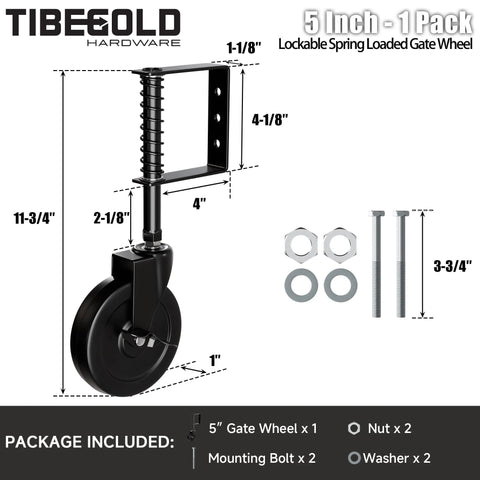 5 Inch Spring Loaded Gate Caster With Side Brake For Outdoor Wooden Gates And Fences, Heavy Duty Wheel With 360 Degree Swivel, Anti Sag Gate Kit, 220 Lb Capacity, Black, 1 Pack overview with measurements and contents.