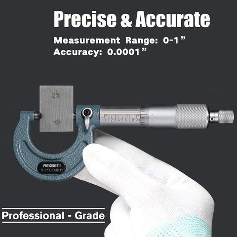 Hand holding Outside Micrometer Set 0 To 4 Inches Pro Grade Machinist Tool Kit with carbide tips showcasing measurements.