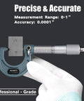 Outside Micrometer With Carbide Tip, Pro Grade Precision 0-1 Inch Range, 0.0001 Inch Accuracy, Vernier Scale For Exact Diameter Readings, Ratchet Stop For Consistent Testing Pressure, Durable Baked Enamel Frame Protection, measuring block