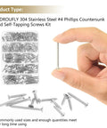 Pro Grade Four Gauge Stainless Steel Wood Screws Countersunk Phillips Head Self Tapping Assortment Kit 202 Piece Set held in hand