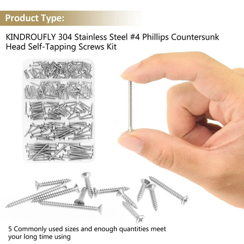 Pro Grade Four Gauge Stainless Steel Wood Screws Countersunk Phillips Head Self Tapping Assortment Kit 202 Piece Set held in hand