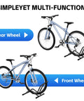 Heavy Duty Indoor Bike Floor Stand Adjustable Single Wheel Rack For Garage Ready Setup with rear and front wheel view.