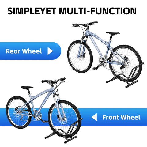 Heavy Duty Indoor Bike Floor Stand Adjustable Single Wheel Rack For Garage Ready Setup with rear and front wheel view.