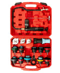 Pro Grade 18 Piece Radiator Coolant Pressure Tester Kit For Domestic And Import Vehicle Cooling Systems Leak Detection in red case.