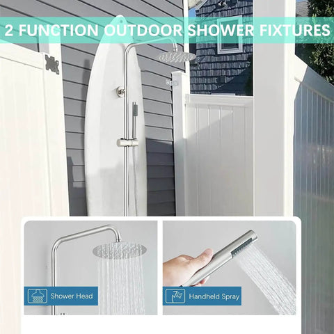 8 Inch Rain Shower System With Handheld Sprayer And Wall Mount Faucet In Brushed Nickel Outdoor Indoor Shower Fixtures 304 Stainless Steel Tarnish Resistant Single Handle Dual Function Bath Shower Set displayed outdoors
