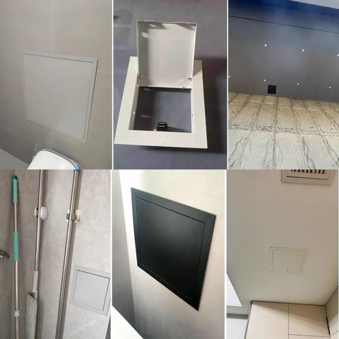 Slick White Heavy Duty Access Panel 150X200MM Seamless Drywall Inspection Hatch in various installation views.