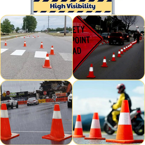 Road with 18 Inch Traffic Safety Cones 12 Pack Orange PVC With Reflective Collars Built For Parking Lot Traffic Control Driveway