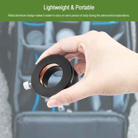 Hand holding 2 Inch To 1.25 Inch Eyepiece Adapter For Telescope, Built Tough Metal Construction With Premium Thumbscrew and Brass Locking System.