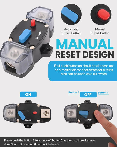 Badass 150 Amp Circuit Breaker With Manual Reset Waterproof Inline Fuse Protector For Marine Trolling Motors Boat And Atv Rigs Rig Ready Surface Mount 12V To 48V Dc No Sweat Engine Protection showing manual and automatic buttons.